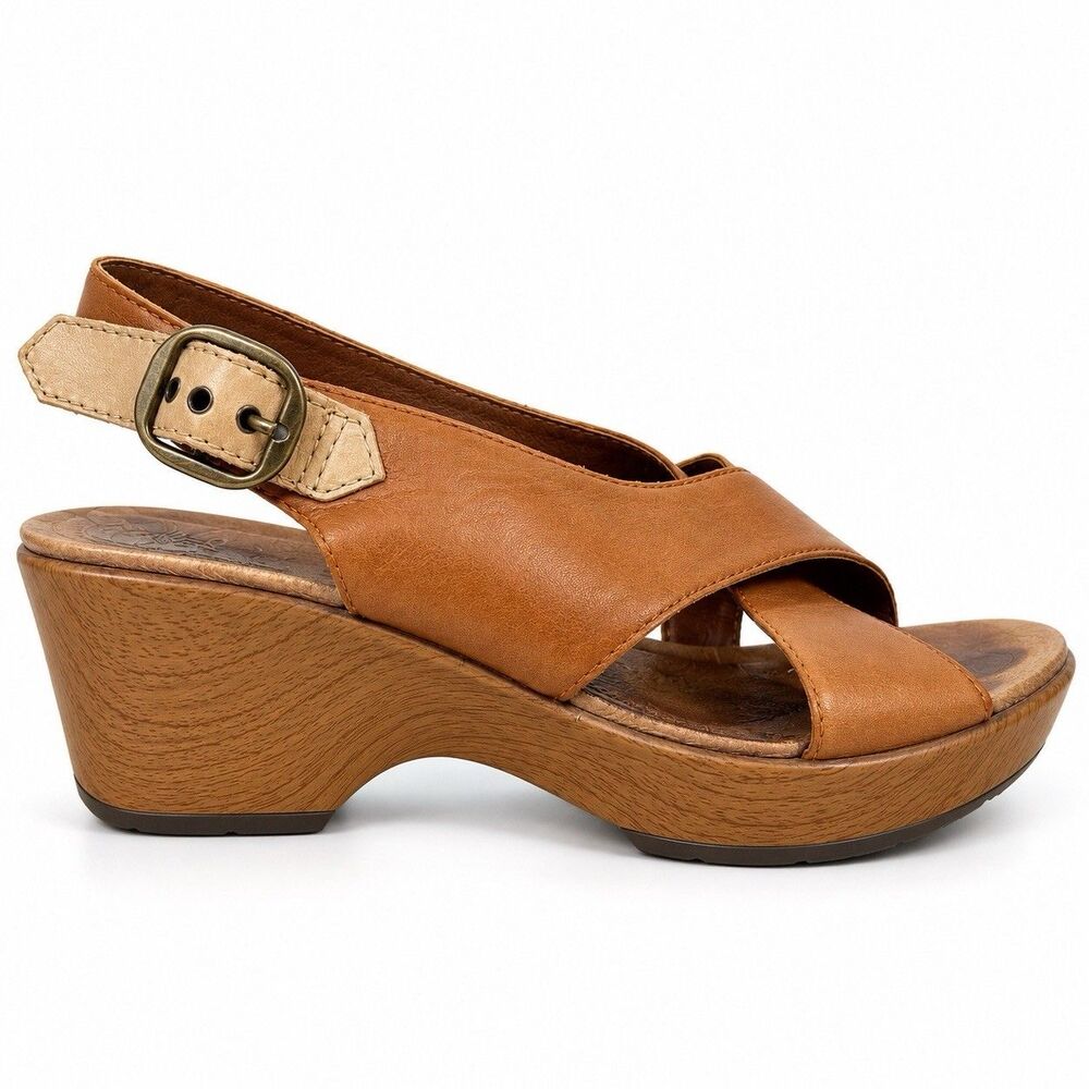 Dansko Wedge Sandals Womens 39 Brown Leather  Slingback Buckle Strappy Comfort